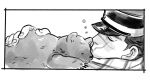  1boy affectionate aoi_(husiginokuninoa) bear closed_eyes from_side golden_kamuy greyscale hat kepi male_focus military_hat monochrome scar scar_on_face scar_on_mouth scar_on_nose short_hair sideburns sleep_bubble sleeping sleeping_on_person solo sugimoto_saichi 