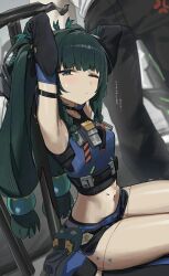  1girl dark_green_hair long_hair one_eye_closed qingyi_(zenless_zone_zero) twintails zenless_zone_zero 