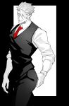  1boy achilles_(fate) black_border blending border closed_eyes closed_mouth collared_shirt cowboy_shot fate/grand_order fate_(series) haruakira highres male_focus mature_male monochrome necktie pants red_necktie shirt short_hair sleeves_past_elbows solo spot_color undercut watch watch 