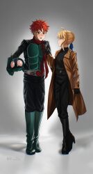  1boy 1girl absurdres armor artoria_pendragon_(fate) blush boots coat cosplay couple emiya_shirou fake_antennae fate/stay_night fate_(series) gloves green_boots green_gloves helmet highres holding holding_helmet kamen_rider kamen_rider_1 kamen_rider_1_(shin) kamen_rider_1_(shin)_(cosplay) knee_boots midorikawa_ruriko midorikawa_ruriko_(cosplay) noian_saber red_hair red_scarf saber_(fate) scarf shin_kamen_rider typhoon_(kamen_rider) unworn_headwear unworn_helmet 