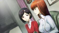  1boy 1girl black_hair black_pantyhose blue_eyes blurry blurry_background bob_cut breasts buttons choker collared_shirt couch curtains dutch_angle future_gadget_lab game_cg hair_ornament hairclip high_collar high_heels highres huke impossible_clothes long_hair long_sleeves looking_at_another medium_breasts non-web_source official_art on_couch open_mouth pantyhose pink_eyes red_hair red_sweater ribbon_choker ringed_eyes shiina_kagari shirt sitting skull_hair_ornament steins;gate steins;gate_0 sweater tongue trap upa_(steins;gate) urushibara_ruka white_shirt winter_clothes 