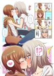  !? ... 2girls animal_hood arrow_(symbol) bear_hood black_socks blue_eyes blue_pants blush boko_(girls_und_panzer) bright_pupils brown_eyes brown_hair casual closed_eyes closed_mouth commentary commission constricted_pupils from_side full-face_blush girls_und_panzer grey_hair hands_on_another&#039;s_shoulders heart highres hood hood_down imminent_kiss itsumi_erika kiss kneeling looking_at_another medium_hair motion_lines multiple_girls nishizumi_miho ogi_non on_one_knee onesie open_mouth outside_border pants shirt short_hair short_sleeves skeb_commission smile socks spoken_ellipsis spoken_heart spoken_interrobang sweat sweatdrop t-shirt translated trembling white_pupils white_shirt yuri 