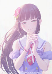  1girl armpit_crease bare_shoulders black_hair buttons clothing_cutout commentary_request double-breasted flower hair_flower hair_ornament hairclip highres interlocked_fingers kimi_no_kokoro_wa_kagayaiteru_kai? kurosawa_dia long_hair love_live! love_live!_sunshine!! necktie official_alternate_costume own_hands_together papi_(papiron100) pink_flower puffy_short_sleeves puffy_sleeves purple_shirt red_necktie sailor_collar shirt short_sleeves shoulder_cutout sidelocks simple_background solo star_pin upper_body white_background white_sailor_collar 