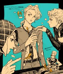  ! 4boys 6+others aqua_background argyle_clothes argyle_hat black_shirt blank_speech_bubble clothing_cutout earrings eyepatch flattop food-themed_earrings fork giorno_giovanna guido_mista highres holding holding_fork jacket jean_pierre_polnareff jewelry jojo_no_kimyou_na_bouken looking_at_another male_focus medium_hair multiple_boys multiple_others okokoro_zaiku pannacotta_fugo pointing sex_pistols_(stand) shirt smile speech_bubble spoken_exclamation_mark stand_(jojo) strawberry_earrings turtle twitter_username vento_aureo victory_rolls 