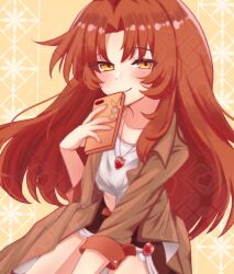 1girl absurdres brown_coat brown_skirt closed_mouth coat highres holding holding_phone homu_(honkai_impact) honkai_(series) honkai_impact_3rd jewelry long_hair looking_at_viewer murata_himeko necklace phone red_hair satoyukitowa shirt skirt smile solo very_long_hair white_shirt yellow_background yellow_eyes 