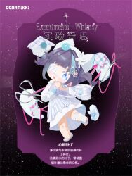  1girl absurdres animal_ear_headwear animal_ears aqua_hair bandaged_leg bandages beanie black_hair blue_eyes bow broken_heart buttons cat_ears character_name chibi chinese_commentary chinese_text commentary_request crossed_bandaids dress earrings english_text esseling_(infinity_nikki) fafo_shucaitang fake_animal_ears footwear_bow hair_ornament hat heart highres infinity_nikki jewelry kneepits leg_up long_dress looking_at_object looking_back mixed-language_text multicolored_hair needle nikki_(series) off-shoulder_dress off_shoulder plaid_clothes plaid_dress purple_background quirky_idea_(infinity_nikki) sad_sack_(infinity_nikki) scissors sewing_needle shoe_loss short_hair slippers solo space sparkle streaked_hair striped_clothes striped_dress surprised syringe_hair_ornament thread translation_request two-tone_hair two_side_up vertical-striped_clothes vertical-striped_dress white_bow white_dress white_hat white_slippers 