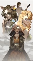  1boy 2023 3girls absurdres animal_ears artist_name bare_shoulders black_coat black_gloves blonde_hair blonney braces brown_hair closed_eyes closed_mouth coat deer_ears deer_girl dress ear_tag earrings facing_viewer flower glasses gloves green_eyes grey_background grey_gloves grey_sports_bra grey_vest hair_flower hair_ornament hand_up highres holding holding_jar horropedia jar jessica_(reverse:1999) jewelry long_hair looking_at_viewer multiple_girls necklace open_mouth red_dress reverse:1999 ripshinaide shirt short_hair sports_bra tooth_fairy_(reverse:1999) tooth_necklace upper_body vest violet_eyes white_flower white_shirt 