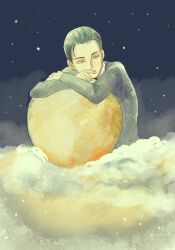 1boy black_hair black_suit clouds crossed_arms detective fate/grand_order fate_(series) hair_slicked_back highres holding_moon index_finger_raised leaning_forward looking_to_the_side loose_hair_strand male_focus moon night night_sky okome_oisii sherlock_holmes sherlock_holmes_(fate) sky solo star_(sky) starry_sky suit the_adventures_of_sherlock_holmes