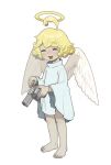  1girl absurdres angel angel_wings barefoot blonde_hair child closed_eyes full_body gun halo highres holding holding_gun holding_weapon open_mouth opossumachine original simple_background smile weapon white_background white_wings wings 