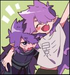  2boys arm_up black_ribbon blush brown_pants coat fang fengxi_(the_legend_of_luoxiaohei) hair_over_one_eye highres long_hair long_sleeves luo_xiaohei_zhanji multiple_boys nploser open_mouth pants pointy_ears purple_coat purple_hair ribbon shirt smile very_long_hair white_shirt 