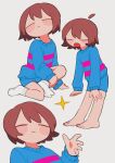  1other :o ahoge blue_shorts blue_sweater blush_stickers brown_hair closed_eyes closed_mouth detached_ahoge frisk_(undertale) hand_on_own_leg highres leaning_forward multiple_views on_floor pink_stripes short_hair shorts socks sparkle sweater tadeno undertale white_background white_socks 