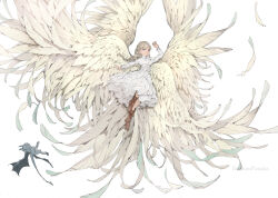  1girl angel artist_name commentary demizu_posuka dress falling_feathers feathered_wings feathers long_hair multiple_wings original tail white_background white_dress white_feathers wings 