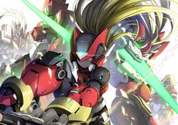  1girl absurdres aile_(mega_man_zx) armor back-to-back battle beam_saber black_armor blonde_hair bodystocking boots energy_sword fighting_stance forehead_jewel gauntlets girouette_(mega_man) green_eyes helmet highres holding holding_weapon mega_man_(series) mega_man_zero_(series) mega_man_zx multiple_boys omega_(mega_man) pantheon_(mega_man) pink_hair ponytail red_armor sleeveless sword weapon zelitto zero(z)_(mega_man) zero_(mega_man) 