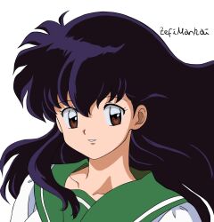  1girl artist_name black_hair brown_hair eyelashes green_sailor_collar hair_between_eyes highres higurashi_kagome inuyasha long_hair parted_lips sailor_collar shirt solo upper_body white_background white_shirt zefimankai 