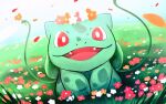  animal_focus bright_pupils bulbasaur commentary fangs field flower flower_field happy head_wreath looking_at_viewer moe_momoiro no_humans nostrils open_mouth orange_flower outdoors pink_flower plant pokemon pokemon_(creature) red_eyes vines white_flower white_pupils 