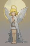  1girl angel angel_wings barefoot blonde_hair child closed_mouth fairy_wings full_body halo highres opossumachine original own_hands_together short_hair simple_background white_wings wings 