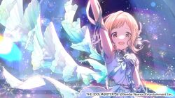  1girl brown_eyes brown_hair dress holding holding_microphone idolmaster idolmaster_(classic) idolmaster_shiny_colors idolmaster_shiny_colors_song_for_prism microphone official_art open_mouth sakuragi_mano smile solo white_dress 