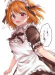  1girl :d alternate_costume apron black_dress black_ribbon blush chigusa_minori commentary_request dress enmaided frilled_apron frilled_sleeves frills hair_ribbon looking_at_viewer love_live! love_live!_sunshine!! maid maid_apron maid_headdress neck_ribbon open_mouth orange_hair partial_commentary red_eyes ribbon short_hair short_sleeves smile solo takami_chika translated turning_head white_apron white_background 