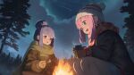  2girls absurdres agrafl beanie blue_eyes blue_hair brown_gloves campfire gloves green_scarf hat highres kagamihara_nadeshiko long_hair long_sleeves multiple_girls night open_mouth outdoors pink_hair scarf shima_rin smile twitter_username violet_eyes white_headwear yurucamp 