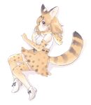  1girl animal_ears blonde_hair bow bowtie cat_ears cat_girl cat_tail elbow_gloves extra_ears gloves highres kemono_friends kneehighs kuromitsu_(9633_kmfr) looking_at_viewer serval_(kemono_friends) serval_print shirt shoes short_hair simple_background skirt sleeveless sleeveless_shirt socks solo tail yellow_eyes 