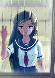  1girl absurdres against_glass amamori_tsuyuko black_eyes black_hair blue_sailor_collar blue_skirt breasts classroom closed_mouth commentary condensation expressionless from_outside hand_on_glass hand_up highres long_hair looking_at_viewer medium_breasts miz_mus neckerchief outdoors pleated_skirt rain red_neckerchief sailor_collar school_uniform shirt short_sleeves skirt solo standing urusei_yatsura very_long_hair white_shirt window window_fog 