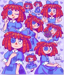  1girl artist_name blue_bow blue_dress bouquet bow button_eyes buttons curtsey dress hair_bow hand_up heart highres holding holding_bouquet index_finger_raised multiple_views patch peppermelli purple_background ragatha_(the_amazing_digital_circus) red_hair short_sleeves simple_background the_amazing_digital_circus triangle_nose 