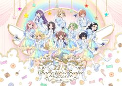  22/7 6+girls :d aqua_eyes aqua_hair asymmetrical_bangs black_hair blonde_hair blunt_bangs bob_cut bow bowtie brown_eyes brown_hair center-flap_bangs closed_mouth copyright_name curtained_hair curtains dress elbow_gloves everyone fanged_bangs finger_to_mouth food-themed_background fujima_sakura full_body gloves gradient_hair green_eyes green_hair grey_eyes grey_hair group_name hair_between_eyes hair_bow hair_ornament hair_rings hairclip half_updo hand_up hat high_ponytail highres himuro_mizuki holding holding_wand ichinose_hotaru inverted_bob kamiki_mikami kiryu_touko kneehighs long_hair looking_at_viewer magical_girl mole mole_under_eye multicolored_dress multicolored_hair multiple_girls nishiura_sora official_alternate_costume official_art one_side_up open_mouth orange_hair orihara_sumika parted_bangs pink_hair ponytail puffy_sleeves purple_hair saito_nicole sera_honoka short_hair short_sleeves single_hair_ring smile socks standing streaked_hair takigawa_miu teeth two-tone_hair two_side_up upper_teeth_only violet_eyes wand wavy_hair white_bow white_bowtie white_gloves white_hair white_hat white_socks 