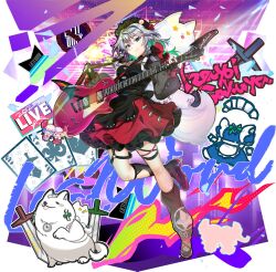  1girl alternate_costume alternate_headwear_color animalization black_bow black_dress black_gloves black_headdress black_leg_warmers black_shoes blue_eyes bow braid card character_doll character_name closed_mouth dog doll dress fingerless_gloves flandre_scarlet game_cg gloves grey_hair guitar hair_bow highres holding holding_guitar holding_instrument instrument izayoi_sakuya knife leg_up leg_warmers long_hair long_sleeves looking_at_viewer maid_headdress multicolored_dress official_art person_and_animalization playing_card puffy_long_sleeves puffy_sleeves red_nails remilia_scarlet rotte_(1109) shoes smile solo thigh_strap third-party_source touhou touhou_lostword transparent_background twin_braids unworn_clothes 