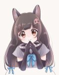  1girl absurdres animal_ears belt bow bowtie brown_eyes brown_hair collared_peccary_(kemono_friends) elbow_gloves extra_ears gloves grey_background hair_ornament highres kemono_friends kemono_friends_3 kuromitsu_(9633_kmfr) long_hair looking_at_viewer ribbon sailor_collar shirt simple_background solo twintails upper_body 