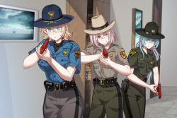  3girls :o :q absurdres belt black_belt black_undershirt blonde_hair blue_hair blue_hat blue_shirt bob_cut braid breast_pocket buttons campaign_hat chinese_commentary closed_mouth colorado colorado_(warship_girls_r) colorado_state_patrol colored_inner_hair commentary_request conscript96 cowboy_hat green_hat green_pants grey_pants gun handgun hat heterochromia highres indoors maryland maryland_(warship_girls_r) maryland_state_police multicolored_hair multiple_girls paint_gun pants parted_lips patch pink_hair pocket pouch red_eyes sheriff_badge shirt short_hair short_sleeves smile standing tongue tongue_out two-tone_hair united_states variant_set warship_girls_r weapon west_virginia west_virginia_(warship_girls_r) west_virginia_state_police yellow_eyes 
