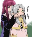  2girls arms_at_sides belt black_belt black_coat black_shirt capelet cheek_squash closed_mouth coat collar commentary_request cowboy_shot cut_bangs dress elf expressionless fern_(sousou_no_frieren) frieren frilled_collar frills gold_trim green_eyes grey_hair hands_on_another&#039;s_cheeks hands_on_another&#039;s_face hands_up hashimoto_(soukidann2010) high_collar hood hood_down hooded_coat jacket long_hair long_sleeves multiple_girls pointy_ears purple_hair shirt sidelocks skirt skirt_set sousou_no_frieren standing straight_hair striped striped_shirt twintails violet_eyes white_capelet white_dress white_jacket white_shirt white_skirt 