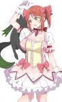  2girls bow bow_choker breasts bubble_skirt choker cosplay dress frilled_skirt frills green_eyes hair_bow highres kaname_madoka kaname_madoka_(cosplay) kyubey large_breasts love_live! love_live!_nijigasaki_high_school_idol_club mahou_shoujo_madoka_magica mahou_shoujo_madoka_magica_(anime) multiple_girls multiple_hair_bows petticoat pink_bow pink_dress pink_hair puffy_short_sleeves puffy_sleeves short_sleeves skirt square_neckline takasaki_yuu twintails uehara_ayumu wewe white_background white_sleeves 