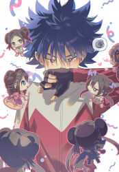  1boy 1girl black_hair blush bright_pupils brown_eyes chibi fingerless_gloves gloves hair_between_eyes hand_up heart highres hugh_(pokemon) jacket kkodle2 long_sleeves looking_at_another pokemon pokemon_bw2 pokestar_studios red_jacket rosa_(pokemon) short_hair simple_background spiky_hair spoken_squiggle squiggle white_background 
