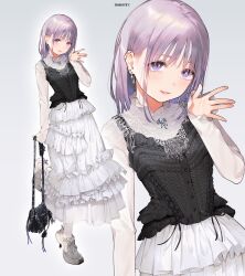  1girl bag commentary_request ear_piercing earrings eyelashes frills fuzuki_fuuro hair_between_eyes highres jewelry leg_up long_sleeves looking_at_viewer multiple_views original parted_lips piercing purple_hair shoes simple_background skirt sleeves_past_wrists sneakers sparkle violet_eyes white_skirt white_sneakers 