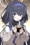  1girl absurdres black_hair blue_archive cardigan coffee cup grey_cardigan hair_between_eyes hairband halo highres holding holding_cup kokolokokomika long_hair long_sleeves open_mouth purple_hairband smile solo ui_(blue_archive) upper_body violet_eyes 