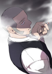  1boy black_vest cigarette facial_hair goatee golden_kamuy grey_hair holding holding_cigarette kzouzou long_sideburns long_sleeves looking_at_viewer male_focus parted_lips red_eyes shiraishi_yoshitake shirt sideburns smoke smoking solo upper_body vest white_shirt 