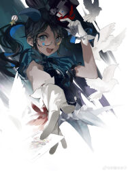  1girl absurdres bird black_hair black_hat blue_eyes blue_sleeves card dove gloves hat highres idolmaster idolmaster_shiny_colors long_hair narakuuu playing playing_card round_eyewear solo white_gloves 