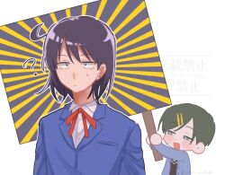  2girls :d :| ? backdrop black_eyes black_hair black_sweater_vest blazer blue_jacket blush bright_pupils closed_mouth collared_shirt commentary_request dress_shirt futsuu_no_keion-bu hair_ornament hairpin half-closed_eyes hatono_chihiro jacket kotori_yu0430 kouyama_rin lapels long_sleeves multiple_girls neck_ribbon notched_lapels open_clothes open_jacket outline parted_bangs pixie_cut red_ribbon ribbon school_uniform shirt short_hair side_ahoge simple_background small_sweatdrop smile sweater_vest upper_body watermark white_background white_outline white_pupils white_shirt wing_collar winter_uniform 