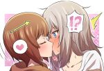  !? 2girls arrow_(symbol) blue_eyes brown_hair commentary commission girls_und_panzer grey_hair heart itsumi_erika kiss looking_at_another medium_hair motion_lines multiple_girls nishizumi_miho ogi_non shirt short_hair short_sleeves skeb_commission spoken_heart spoken_interrobang sweat t-shirt white_shirt yuri 