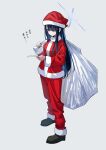  1girl black_footwear black_hair blue_archive blue_eyes blue_halo full_body grey_background halo hat highres holding holding_sack long_hair long_sleeves miyoshi_nao_(miyoshist) pants red_pants sack santa_costume santa_hat saori_(blue_archive) shoes simple_background solo translation_request 