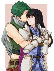  1boy 1girl absurdres armor astrid_(fire_emblem) black_hair breastplate brown_pants commission commissioner_upload couple fire_emblem fire_emblem:_radiant_dawn green_hair green_vest hetero highres hug hug_from_behind long_hair looking_at_another looking_back non-web_source pants pauldrons shoulder_armor sierra117renner sleeveless sleeveless_vest smile sothe_(fire_emblem) upper_body vest vgen_commission yellow_eyes 