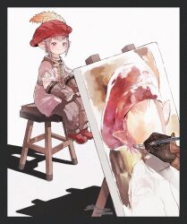  1girl beret black_border black_gloves blush border brown_gloves brown_pants canvas_(object) closed_mouth commentary_request easel elbow_gloves feet_out_of_frame final_fantasy final_fantasy_xiv fingerless_gloves full_body glove_belt gloves hands_on_lap hat hat_feather highres holding holding_paintbrush jewelry lalafell looking_at_viewer mugi_kosuta necklace on_stool paintbrush painting_(action) painting_(object) pants pink_eyes pink_hair pink_shirt pointy_ears red_hat red_shoes shirt shoes short_hair short_sleeves sidelocks signature sitting smile solo_focus stool tataru_taru twitter_username untucked_shirt white_background 