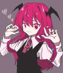  1girl :&gt; absurdres bat_wings black_skirt black_vest black_wings collared_shirt demon demon_girl demon_wings grey_background hair_between_eyes hands_up head_wings heart highres koakuma light_smile long_hair mizoreshi necktie pointy_ears red_eyes red_necktie redhead shirt simple_background skirt smile touhou vest white_shirt wings 