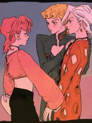  1girl 2boys absurdres bag black_border black_choker black_necktie black_skirt blonde_hair blush border choker closed_eyes clothing_cutout colored_eyelashes cropped_sweater earrings food-themed_earrings giorno_giovanna grabbing_another&#039;s_hand green_eyes green_jacket hand_on_another&#039;s_shoulder highres holding holding_bag jacket jewelry jojo_no_kimyou_na_bouken long_hair looking_at_another medium_hair multiple_boys necktie okokoro_zaiku pannacotta_fugo pink_hair red_eyes shirt skirt standing strawberry_earrings trish_una vento_aureo victory_rolls white_hair 