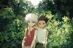  2boys arm_around_shoulder black_hair blue_eyes brown_eyes bush closed_mouth gon_freecss green_shorts hair_between_eyes hands_in_pockets highres hunter_x_hunter kiko killua_zoldyck looking_at_viewer male_focus multiple_boys outdoors red_tank_top shirt shorts sleeveless sleeveless_shirt spiky_hair tank_top white_hair white_shirt 