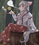  1girl bamboo bamboo_forest blurry blurry_background blush bow cigarette collared_shirt forest fujiwara_no_mokou full_moon grey_hair hair_bow highres holding holding_cigarette juliet_sleeves kanaria_(bocmn) long_hair long_sleeves moon nature open_mouth outdoors pants puffy_sleeves red_eyes red_pants shirt sitting smoking solo suspenders touhou very_long_hair white_bow white_shirt 