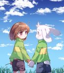  1boy 1other asriel_dreemurr bandages black_shorts blue_eyes blue_sky blush brown_hair chara_(undertale) clouds cloudy_sky fang from_behind goat_boy grass green_sweater holding holding_hands holding_stick long_sleeves looking_at_another medium_hair outdoors red_eyes short_tail shorts sky smile stick striped striped_sweater sweater undertale xox_xxxxxx yellow_sweater 