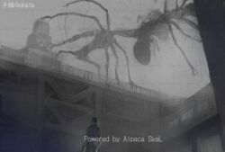  1boy alpaca_connect building commentary_request commission english_text extra_arms faceless film_grain giant giant_monster grey_sky grey_theme highres horror_(theme) kohata_(kohatazuke) long_sleeves looking_up monster official_art original railing shirt sky tokyo_insomnia 