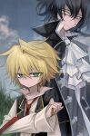  2boys absurdres ascot black_coat black_hair blonde_hair blue_sky clouds coat expressionless gilbert_nightray green_eyes highres holding meyou_0319 multiple_boys necktie oz_vessalius pandora_hearts red_necktie size_difference sky unamused upper_body yellow_eyes 