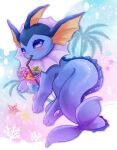  animal_focus blueberry blush coral drinking_straw drinking_straw_in_mouth eyelashes flower food from_behind fruit highres ice ice_cube leaf no_humans palm_tree pawpads pink_flower pokemon pokemon_(creature) shii_(no-va_could) signature solo starfish tree tropical_drink vaporeon violet_eyes 